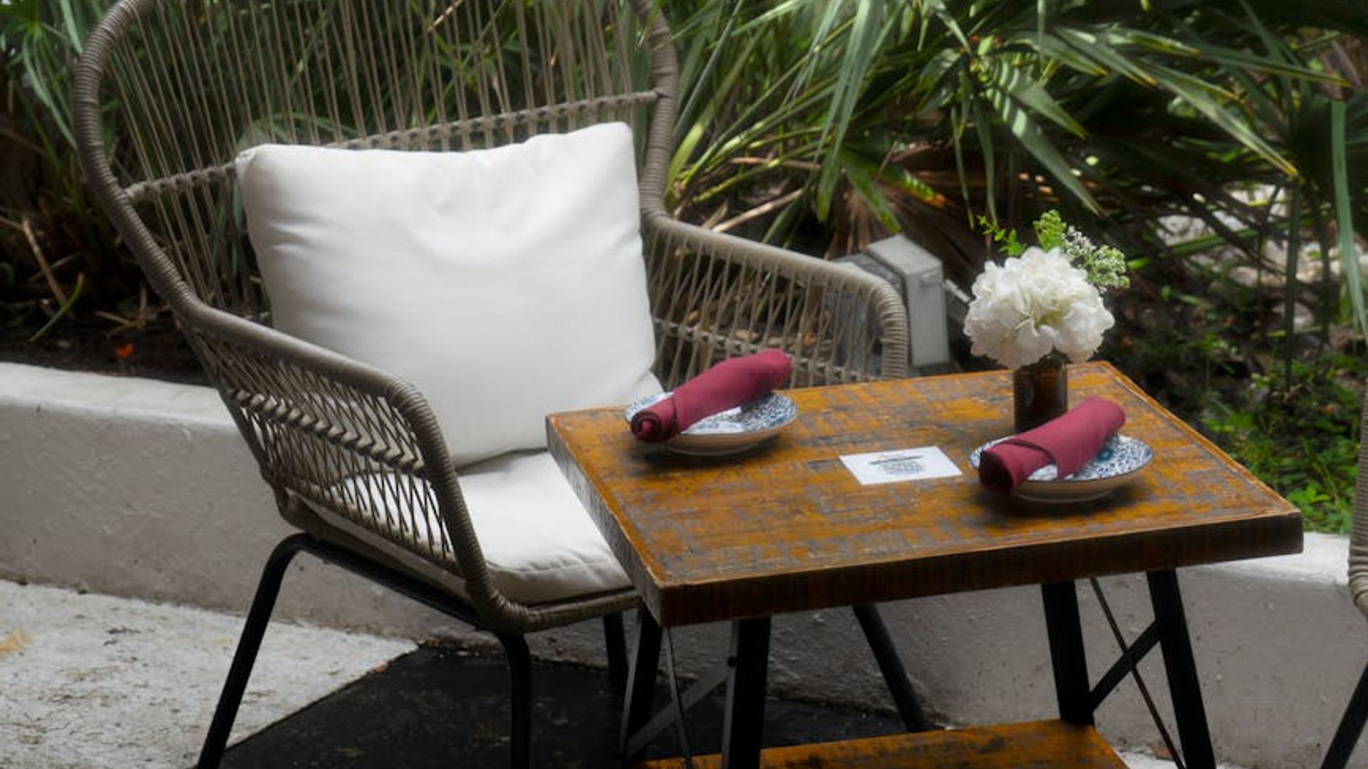 A serene and quiet patio with lush greenery and comfortable seating at dawn.